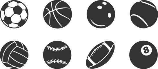 Fototapeta premium Sports ball silhouette, Sports ball icon set, Silhouette of American football, soccer ball, baseball, billiard, basketball, bowling, volleyball and tennis ball.