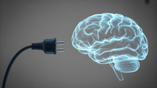 Conceptual image illustrating the vital process of connecting electrical power to a glowing holographic human brain ready for charging.