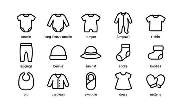 Baby clothes collection icons: onesie, romper, jumpsuit, t-shirt, accessories