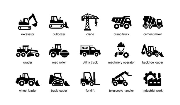 Construction vehicles and equipment icons featuring machinery operator