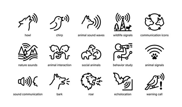 Animal sound communication icons set: howl, chirp, bark, roar, echolocation