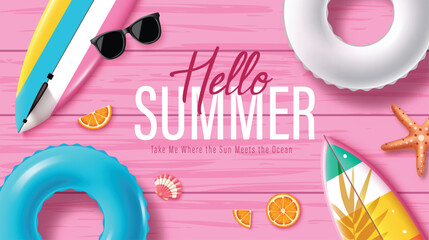 Tropical Summer Vacation Vector Background with Surfboards and Inflatable Rings on Pink Wood Texture © Hezekiah