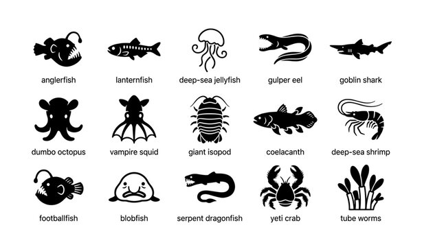 Deep-sea creatures icons: anglerfish, goblin shark, jellyfish