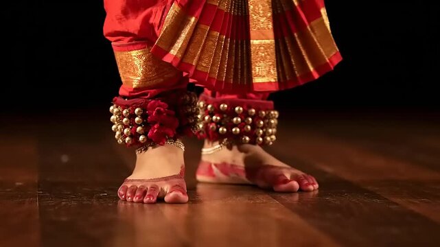 A classical Indian dancer's feet adorned with traditional anklets and alta, captured in a moment of graceful performance on a dark stage, embodying cultural heritage and artistic expression