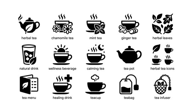 Herbal tea icon set with teapot, teacup, and leaves
