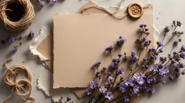 Blank vintage beige card with purple statice flowers and wax seal on white surface overhead flat lay photography