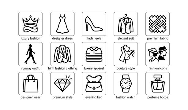 Luxury fashion icons: designer dress, high heels, elegant suit, premium fabric