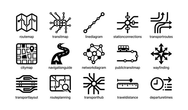Public transit icons: route maps, wayfinding, and network diagrams for efficient travel