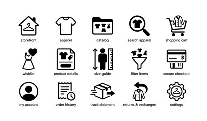 Fototapeta premium Online shopping icons set: apparel, search, cart, wishlist, checkout, account management