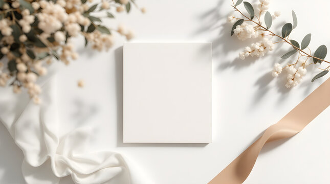 Blank white rectangular card mockup surrounded by white fabric cloth and decorative eucalyptus branches in soft morning sunlight overhead flat lay