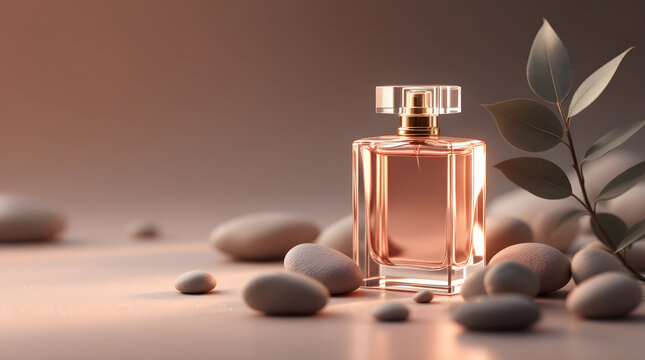 Clear glass perfume bottle standing on smooth beige stones with natural leaf accent in soft golden sunset lighting studio photography