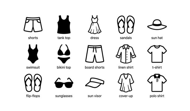 Summer clothing icons: shorts, dress, sandals, swimsuit, hat collection