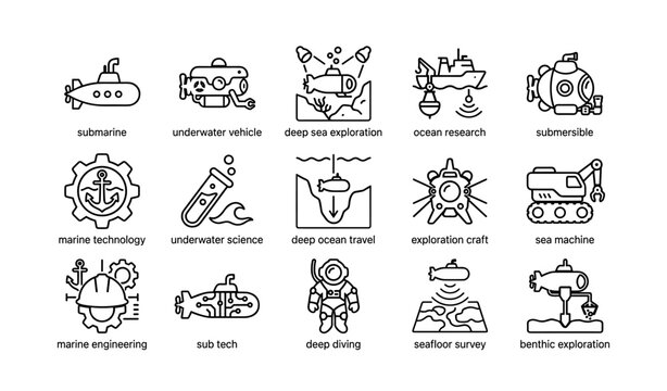 Submarine and deep sea exploration icons representing marine technology and underwater science