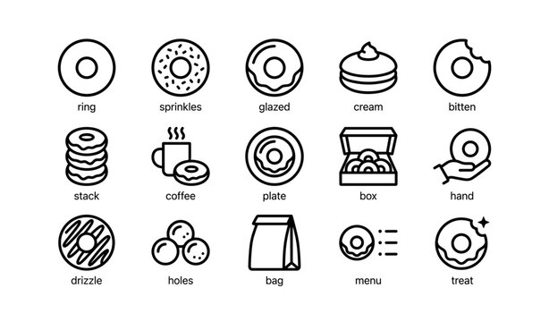 Assorted donut icon set with coffee and treats in minimalist style