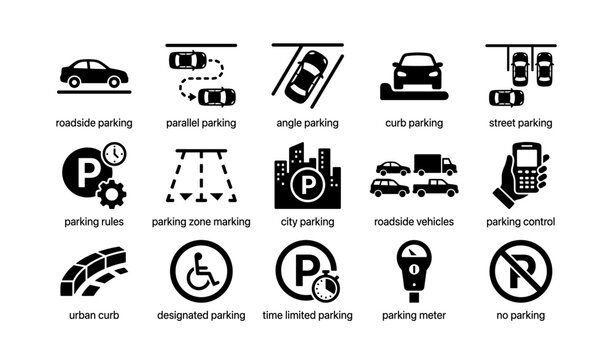 Various parking sign icons illustrating different parking styles and regulations