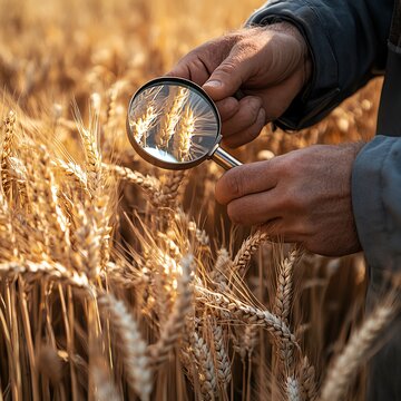 A farmer inspecting wheat for diseases, with a magnifying glass in hand  high resolution   for isolate image