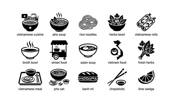 Vietnamese cuisine icons featuring pho, rice noodles, herbs, rolls, banh mi, and chopsticks