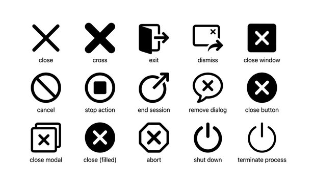 Set of 16 black exit and cancel icons for interface design