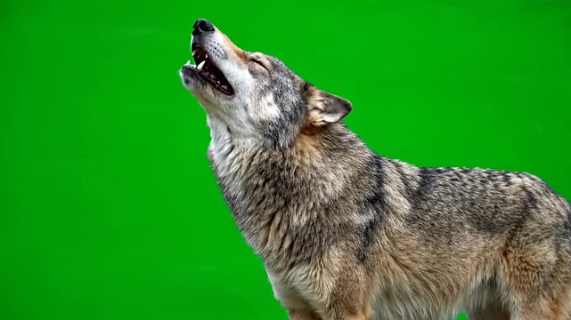 Majestic gray wolf captured in profile, howling powerfully against a vibrant green screen, ideal for compositing and wildlife projects requiring isolated animal footage with clear audio potential