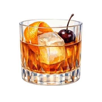 Watercolor Old Fashioned cocktail illustration, whiskey drink in rocks glass with Luxardo cherry and orange peel isolated on white background.