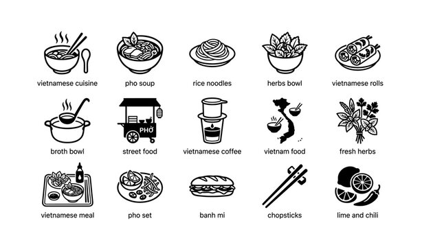 Vietnamese cuisine icons set featuring pho soup banh mi and herbs