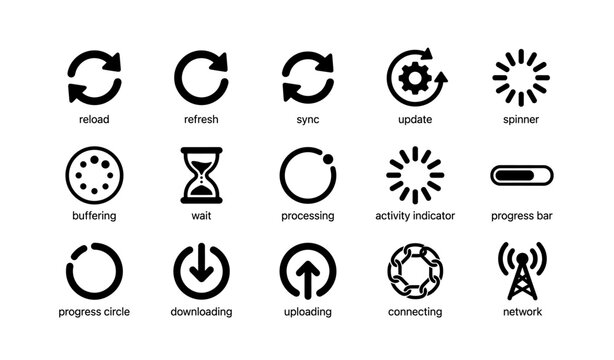 Set of 16 black circular icons for loading and syncing applications