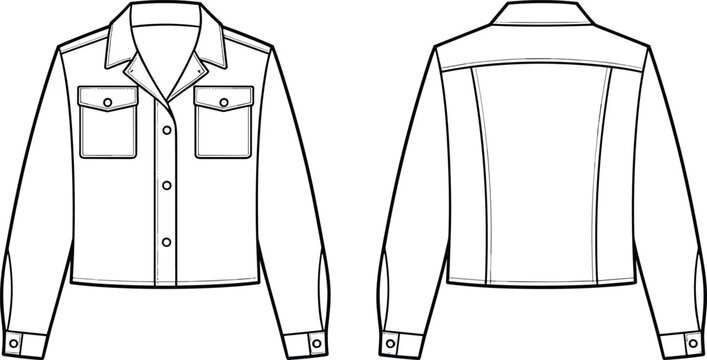 Flat vector denim jacket template front back casual apparel fashion design
