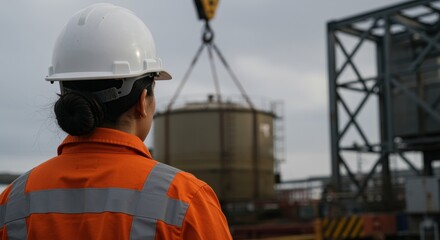 Fototapeta premium Worker wearing helmet and safety vest watching industrial tank lifting at site