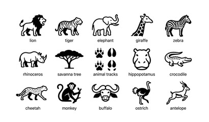 Obraz premium Silhouette icons of african safari animals: elephant, giraffe, lion, zebra, monkey