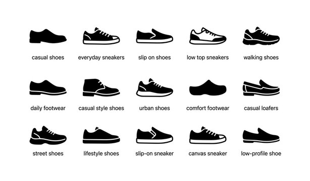 Various sneaker and shoe styles silhouettes for casual and everyday wear