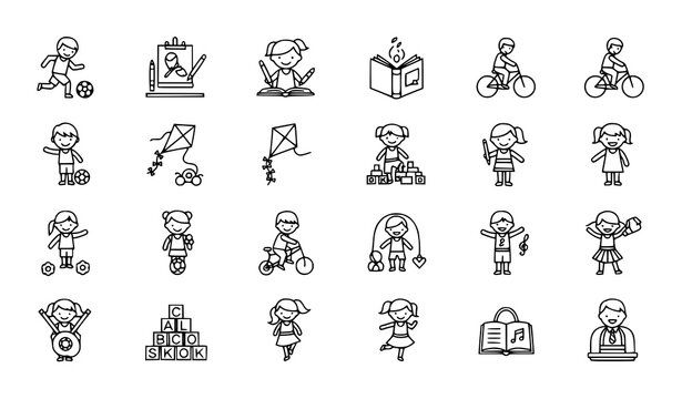 Children activity outline icons set kids playing learning hobby line vector collection isolated on white background