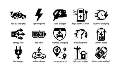 Fototapeta premium Electric vehicle charging icons: fast, energy, power, network, connection