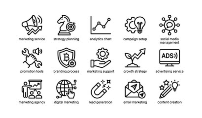 Fototapeta premium Icons representing marketing and strategy tools for branding and digital growth