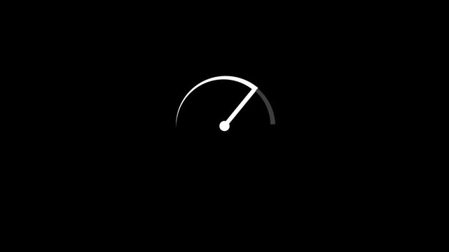 A minimalist white speedometer gauge with a needle pointing to the right on a solid black background representing speed or performance metrics in a clean, modern interface