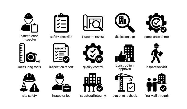 Construction icon set: inspector, safety, inspection, blueprint, approval