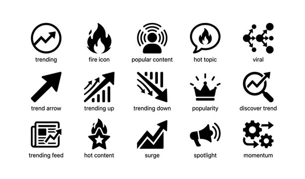 Set of 16 trending and viral icons including arrows and crown symbol