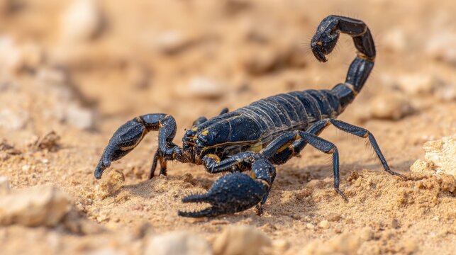 A Black Scorpion With Raised Tail And Claws On Arid Desert Sand