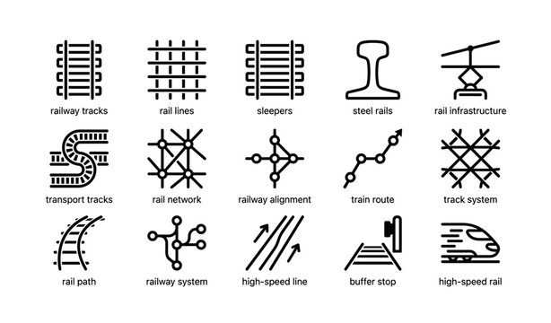 Railway system icons set featuring tracks and high-speed rail elements