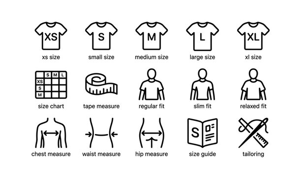 Clothing size guide with icons for fit and measurement