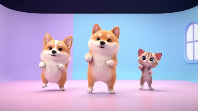 Adorable corgi and shiba inu dogs and a cute kitten dancing together in a colorful, playful studio with soft lighting