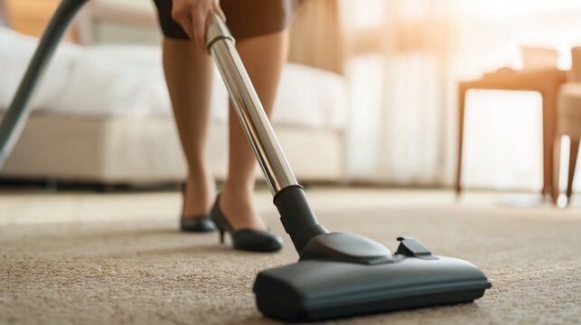 Housekeeping service cleaning hotel room carpet with vacuum, hygiene and maintenance concept