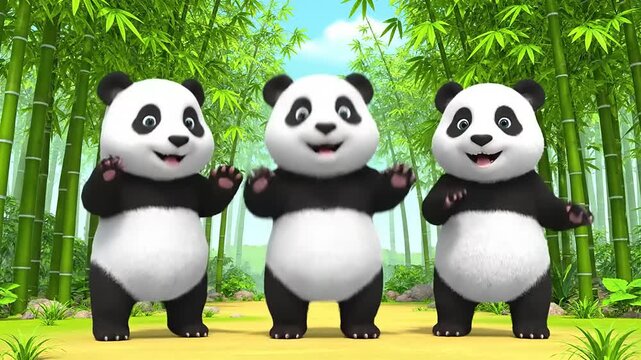 Three adorable cartoon pandas waving hello in a lush bamboo forest, perfect for children's content and nature themes