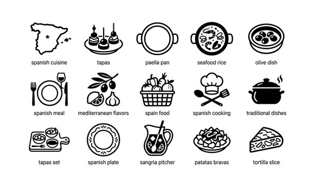 Spanish cuisine icons: tapas, paella, sangria, patatas bravas, olives, chef hat