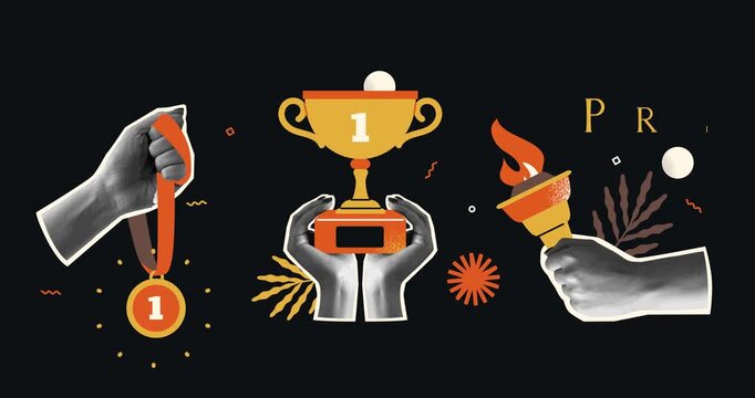 Trendy halftone collage. Moving banner with realistic textured hands holding gold medal, winner cup, and Olympic flame. Awards, prizes, and trophies. Flat human made animated cartoon