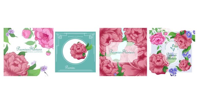 Set of posters with peonies. Moving Flyers with blooming flowers, pink roses and green leaves. Design elements for digital greeting cards and invitations. Realistic human made animated cartoon