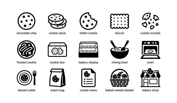 Assorted cookie icons featuring chocolate chip, biscuit, and more in bakery setting