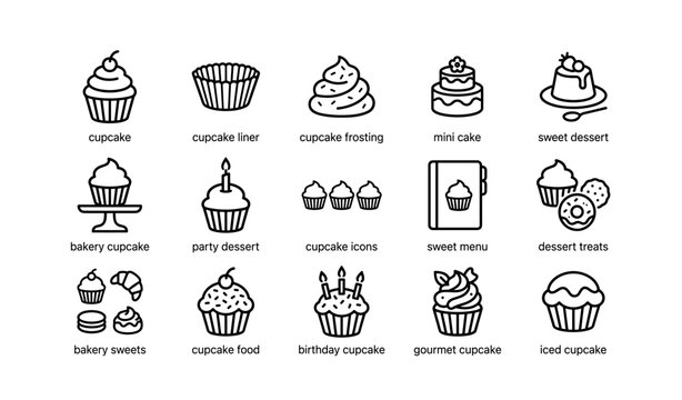 Dessert icons: cupcakes, frosting, and sweet treats for bakery menus