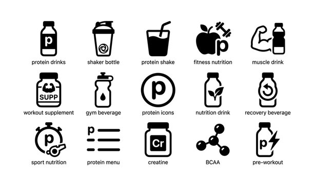 Protein shake and nutrition icons featuring fitness elements and supplements