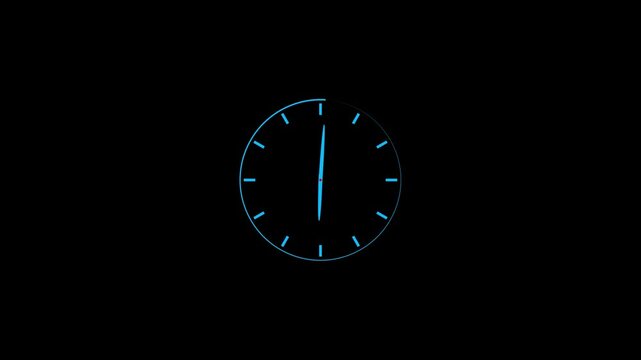A minimalist cyan blue analog clock face with simple hour markers and two thin hands pointing to approximately ten minutes before eleven oclock is set against a solid black background