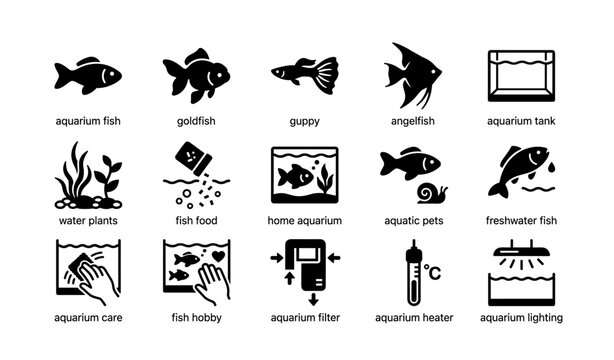 Aquarium symbols: fish, tank, and supplies icons